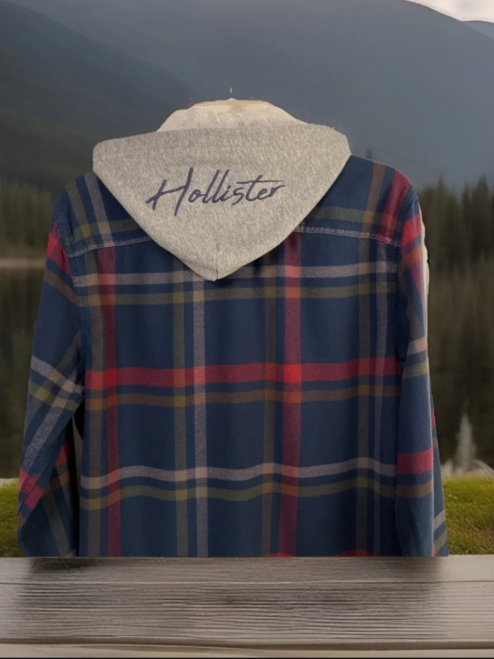 Hollister Hooded Button Up Shirt Jacket Men Navy Plaid Y2K Shacket Gray Hood Med